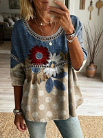 Ethnicity Patchwork Flowers Women's Vintage Art Print Casual Round Neck Cutout Top