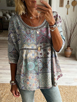 Women's Retro Ethnic Floral Plaid Art Print Casual Round Neck Hollow-out Cotton Linen Top