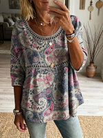 Women's Retro Bohemian Paisley Art Print Casual Round Neck Hollow-out Cotton Linen Top