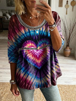Women's Hippie Retro Tie-dye Art Print Casual Round Neck Cutout Top