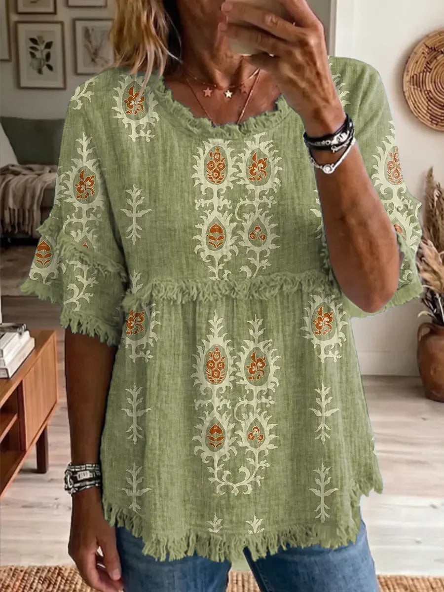 Ethnicity Totem Pattern Women's Art Casual Round Neck Linen T-shirt