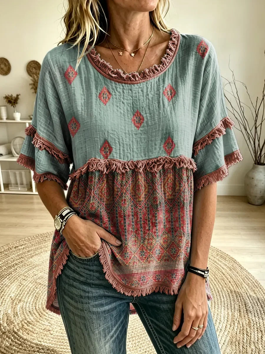 Women's Mixed Geometric Print Round Neck Fringe Trim Blouse