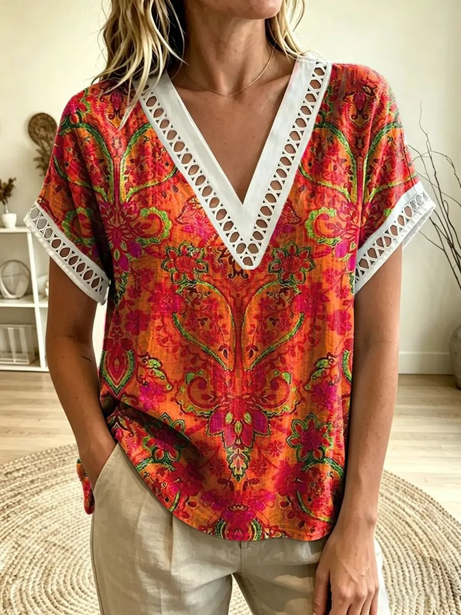 Women's Paisley Floral Print V-Neck Cutout Trim Short Sleeve Top