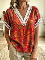Women's Paisley Floral Print V-Neck Cutout Trim Short Sleeve Top