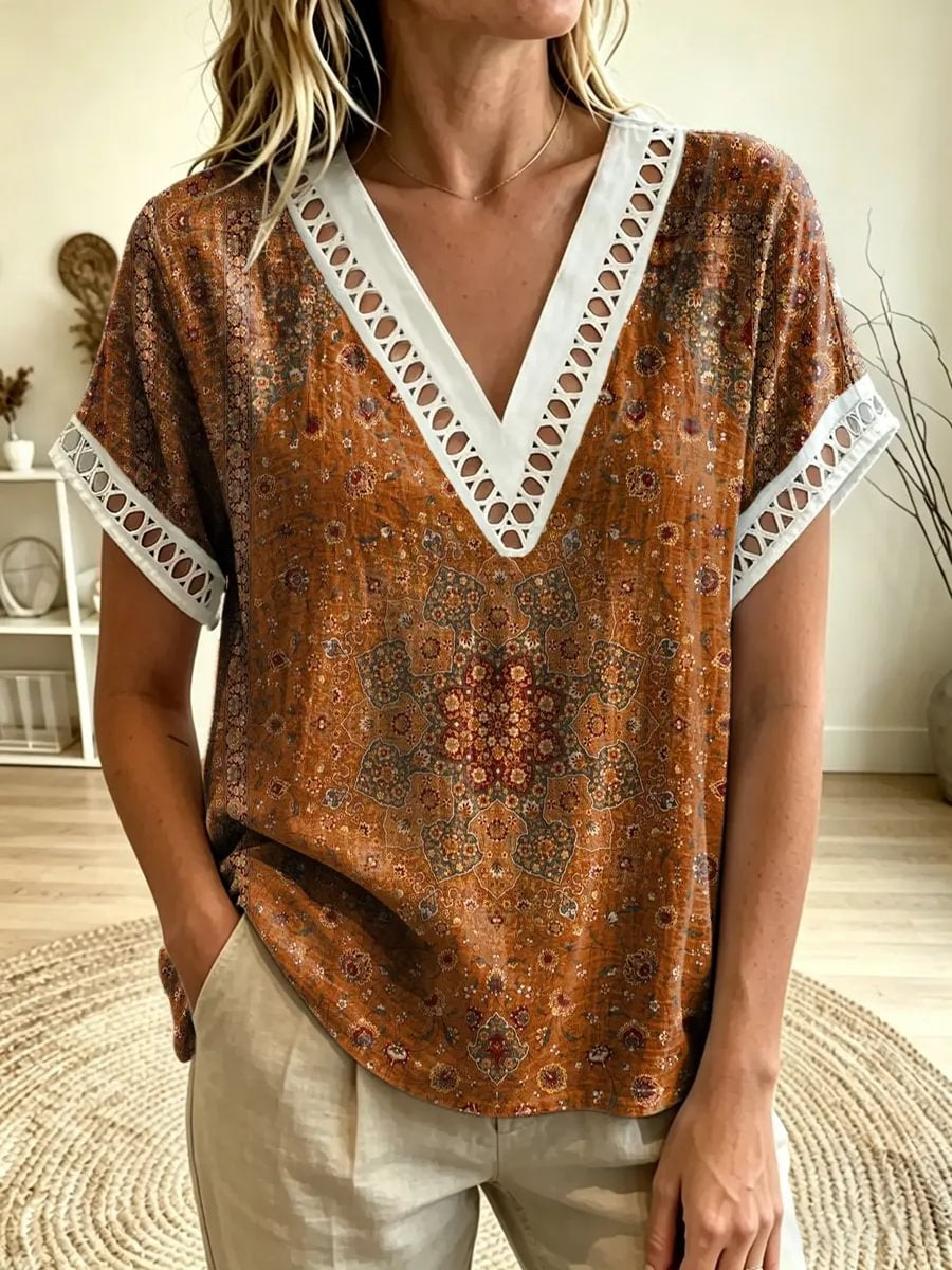 Women's Persian Art Print V-Neck Cutout Trim Short Sleeve Top