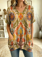 Women's Boho Ikat Floral Print V-Neck Short Sleeve Tunic Top With Pockets