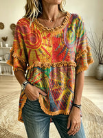 Women's Abstract Rainbow Tie Dye Fringe Detail Top
