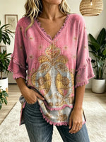 Women's Folk Art Print V-Neck Tasseled Cotton Top