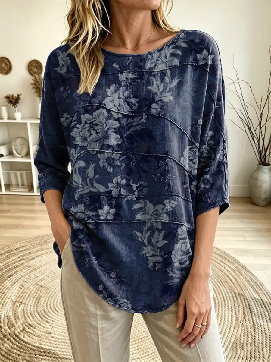 Women's Retro Floral Print Boat Neck Three Quarter Sleeve Top