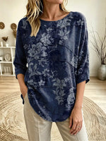 Women's Retro Floral Print Boat Neck Three Quarter Sleeve Top