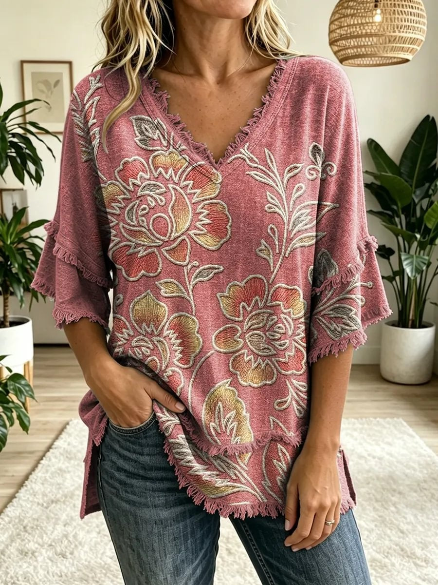 Women's Vintage Folk Floral Art Print V-Neck Tasseled Cotton Top
