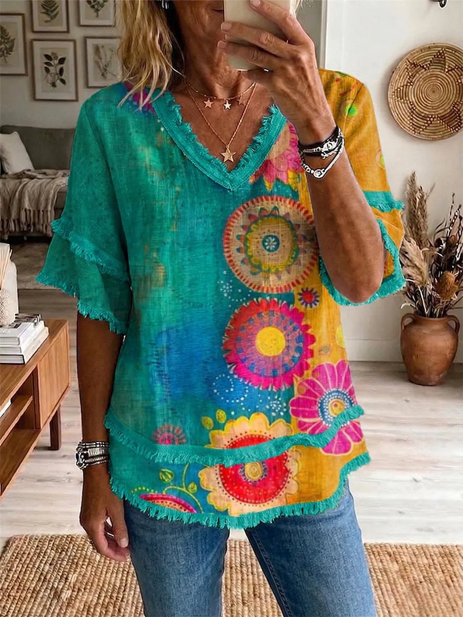 Ethnicity Geometry Totem Colorful Women's Art Casual Patchwork V Collar Shirt