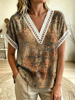 Women's Vintage Distressed Art Print V-Neck Cutout Trim Short Sleeve Top