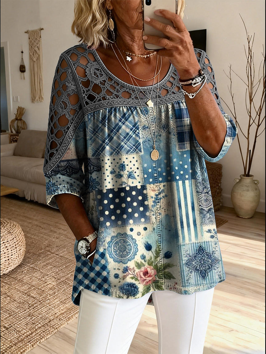 Women's Retro Ethnic Art Print Casual Three-quarter Sleeve Round Neck Hollow-out Top