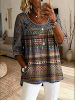 Women's Retro Ethnic Striped Art Print Casual Three-quarter Sleeve Round Neck Hollow-out Top