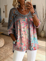 Women's Colorful Floral Print Casual Three-quarter Sleeve Round Neck Hollowed-out Top