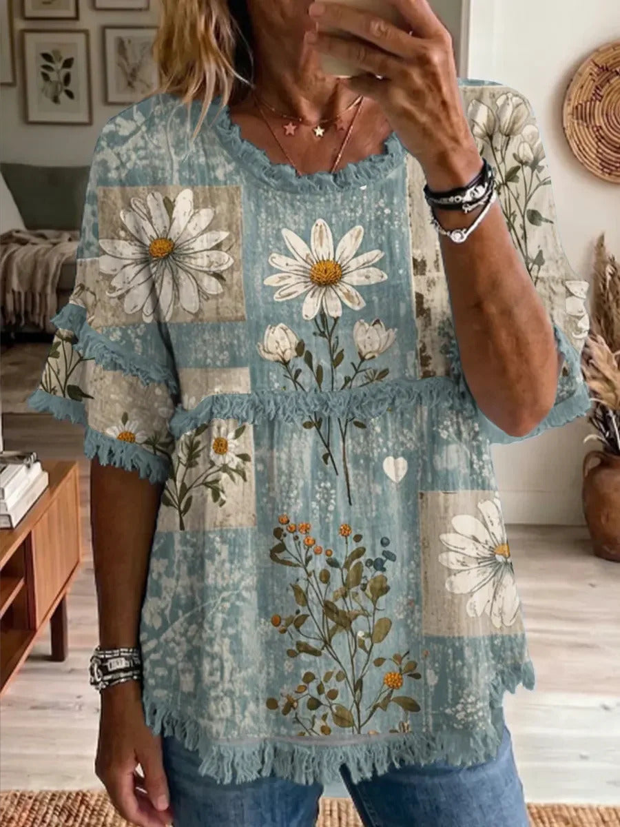 Ethnicity Bohemian Style Flowers Women's Art Casual Round Neck Linen T-shirt
