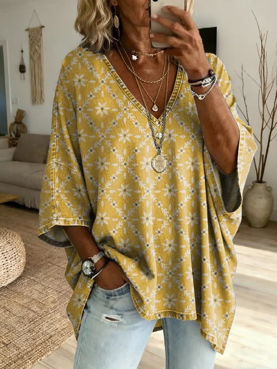 Women's Retro Yellow Ethnic Floral Art Print Casual Washed Cotton Denim Top
