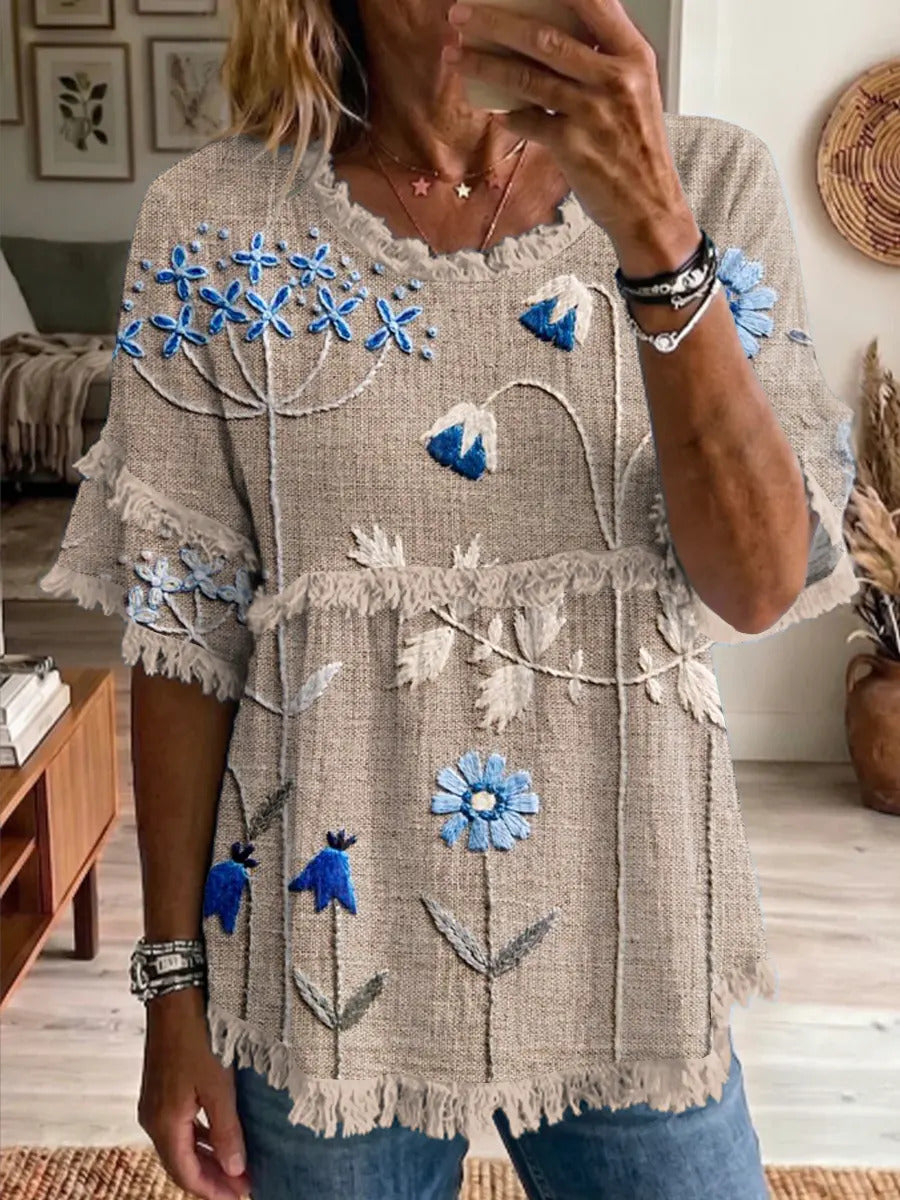 Ethnicity Bohemia Flowers Women's Art Casual Round Neck Linen T-shirt
