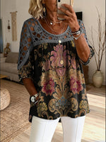 Women's Retro Ethnic Floral Art Print Casual Three-quarter Sleeve Round Neck Hollow-out Top