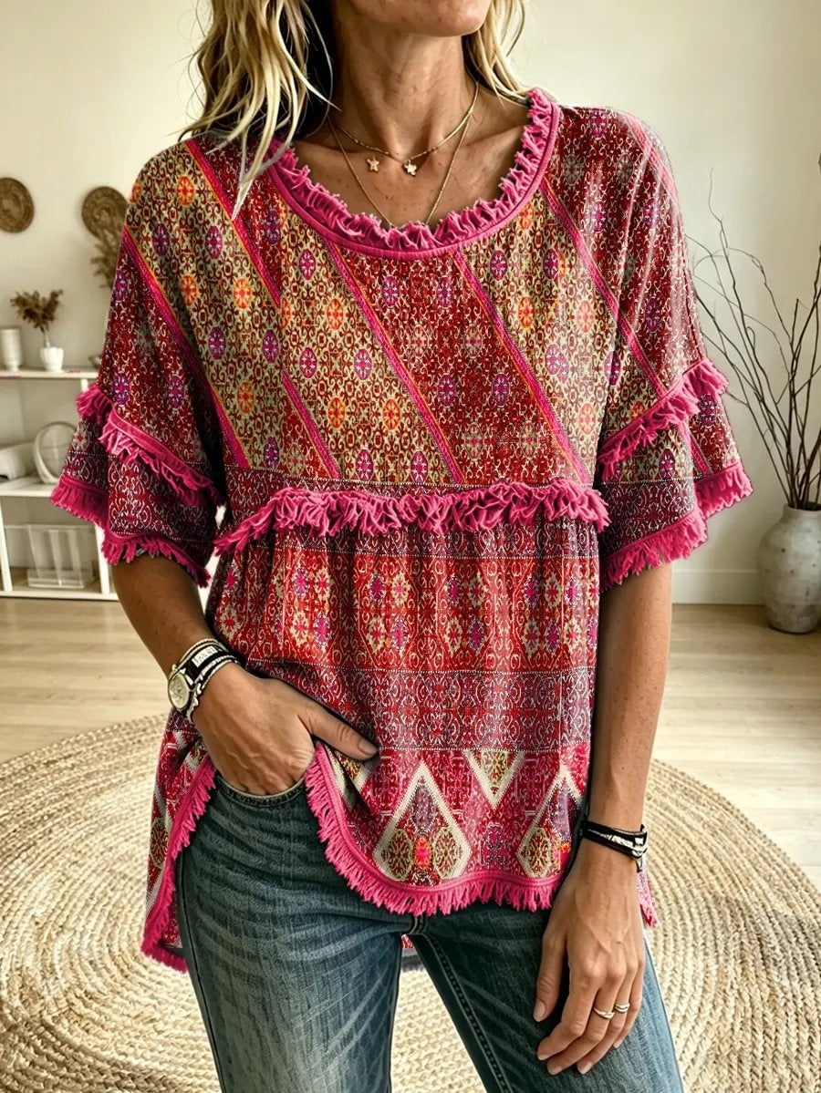 Women's Ethnic Geometric Print Round Neck Fringe Trim Blouse