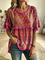 Women's Ethnic Geometric Print Round Neck Fringe Trim Blouse