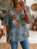 Ethnicity Flowers Colorful Women's Art Casual Patchwork V Collar Shirt