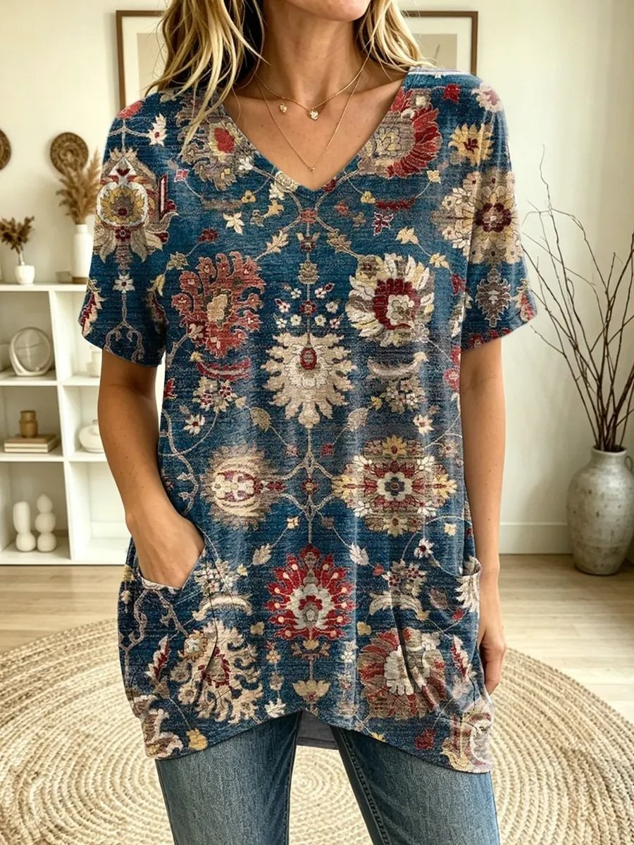 Women's Vintage Persian Rug Print V-Neck Short Sleeve Tunic Top With Pockets