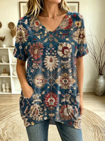 Women's Vintage Persian Rug Print V-Neck Short Sleeve Tunic Top With Pockets