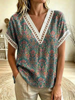 Women's Ethnic Floral Print V-Neck Cutout Trim Short Sleeve Top