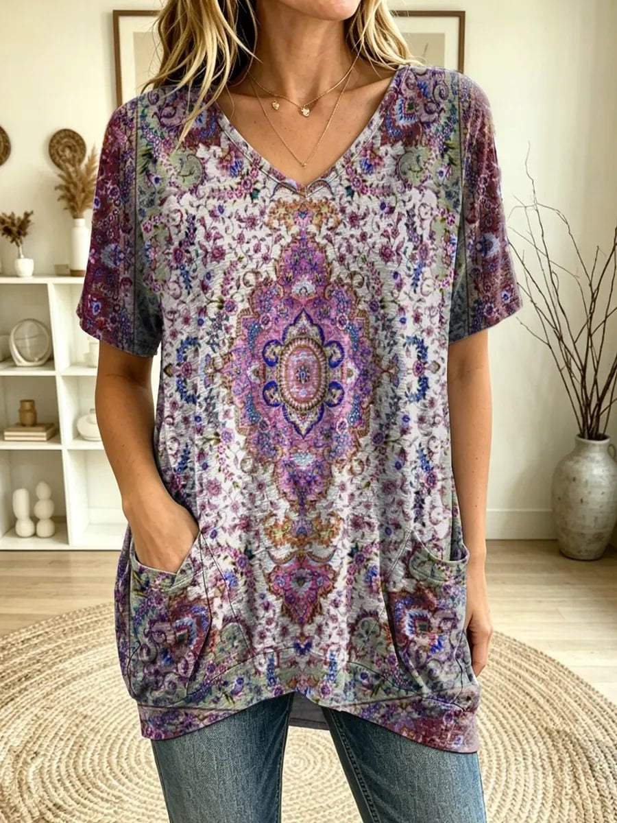 Women's Mandala Floral Medallion Print V-Neck Short Sleeve Tunic Top With Pockets