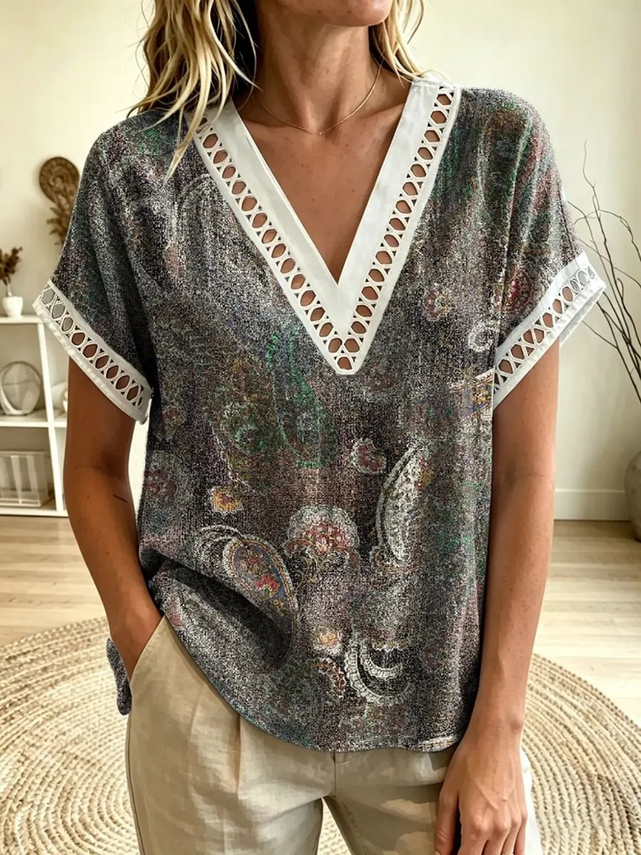 Women's Vintage Paisley Print V-Neck Cutout Trim Short Sleeve Top