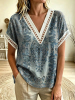 Women's Ethnic Floral Print V-Neck Cutout Trim Short Sleeve Top