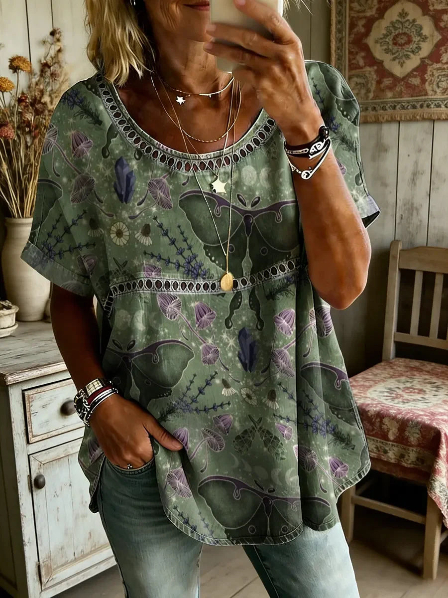 Women's Floral Art Print Round Neck Short Sleeve Hollow-Out Shirt