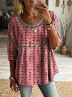Women's Vintage Ethnic Pink Floral Art Print Round Neck Cutout Cotton Top