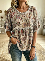 Women's Vintage Bird & Floral Print Fringe Detail Woven Top