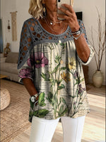 Women's Retro Floral Art Print Casual Three-quarter Sleeve Round Neck Hollow-out Top