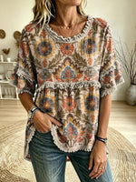 Women's Vintage Floral Print Fringe Trim Blouse