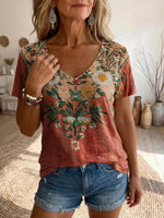 Women's Retro Hippie Textured Floral Art Print V-Neck Casual T-Shirt