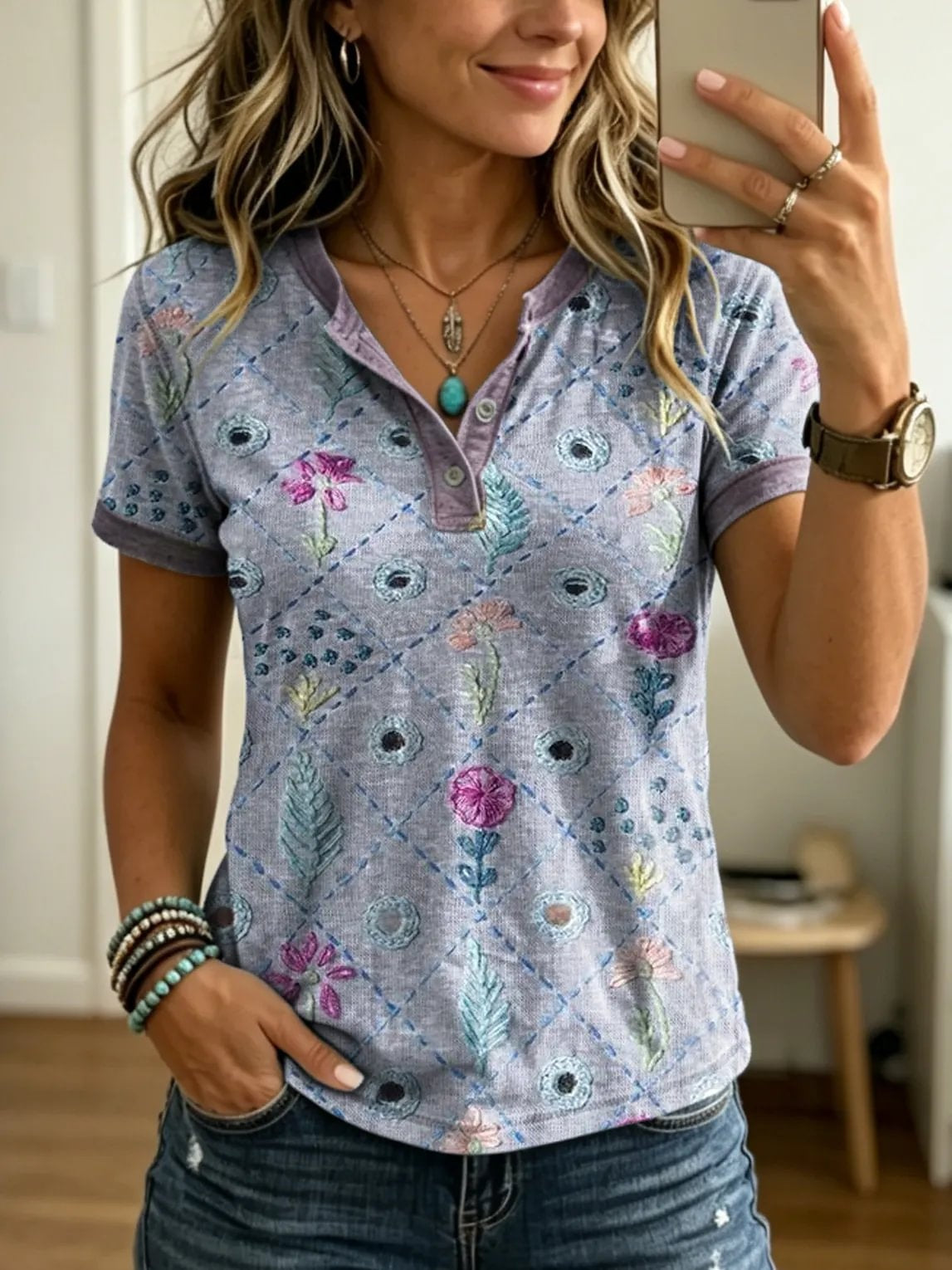 Women's Retro Ethnic Floral Print Casual Short-sleeve T-shirt