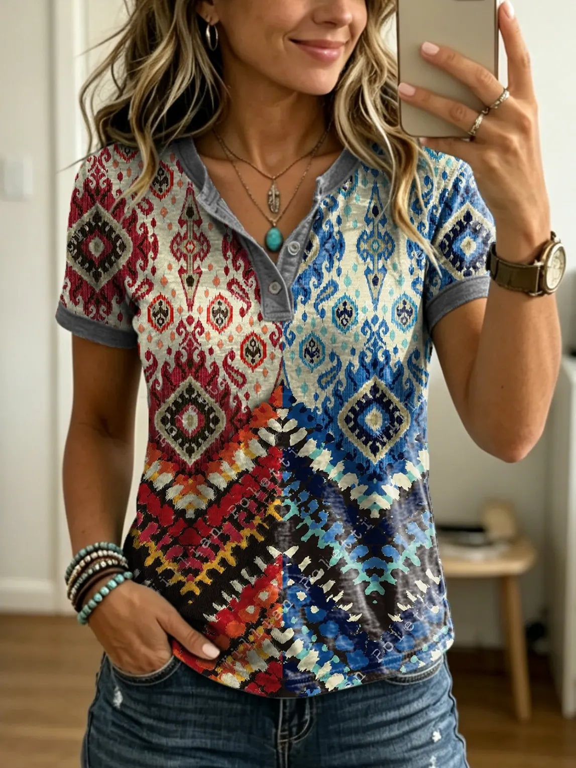 Women's Retro Ethnic Print Casual Short-sleeve T-shirt