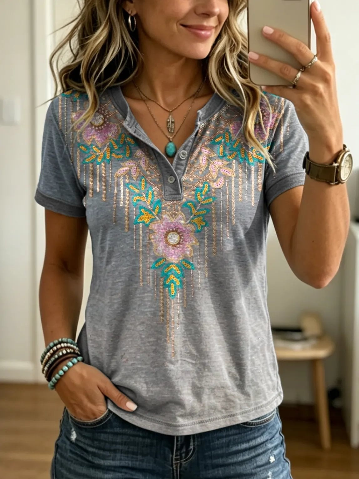Women's Retro Ethnic Floral Print Casual Short-sleeve T-shirt