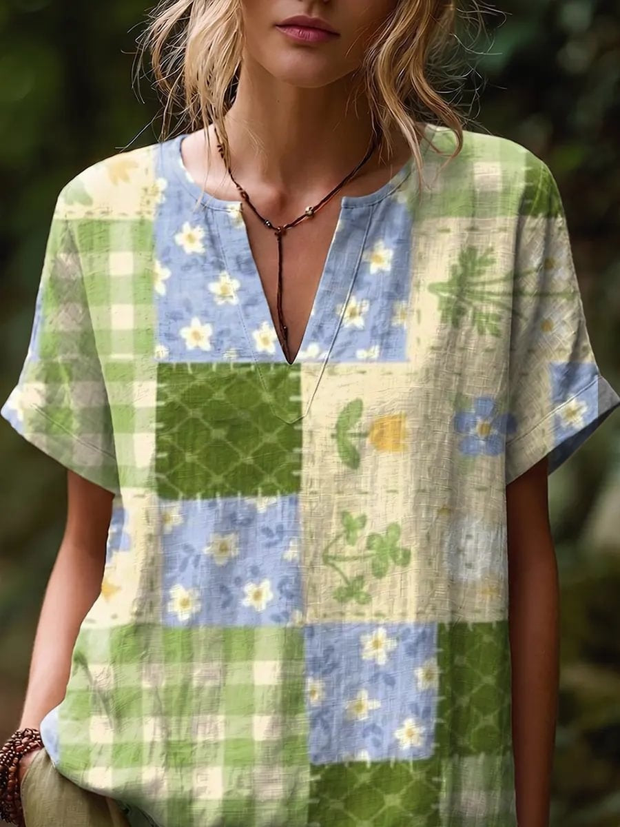 Ethnicity Bohemia Flowers Patchwork Women's Art Print Casual Short-sleeve V-neck Cotton Linen Shirt