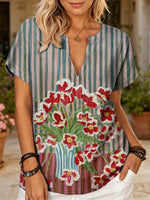 Women's Retro Floral Striped Art Print Casual Short-sleeve V-neck Cotton Linen Shirt