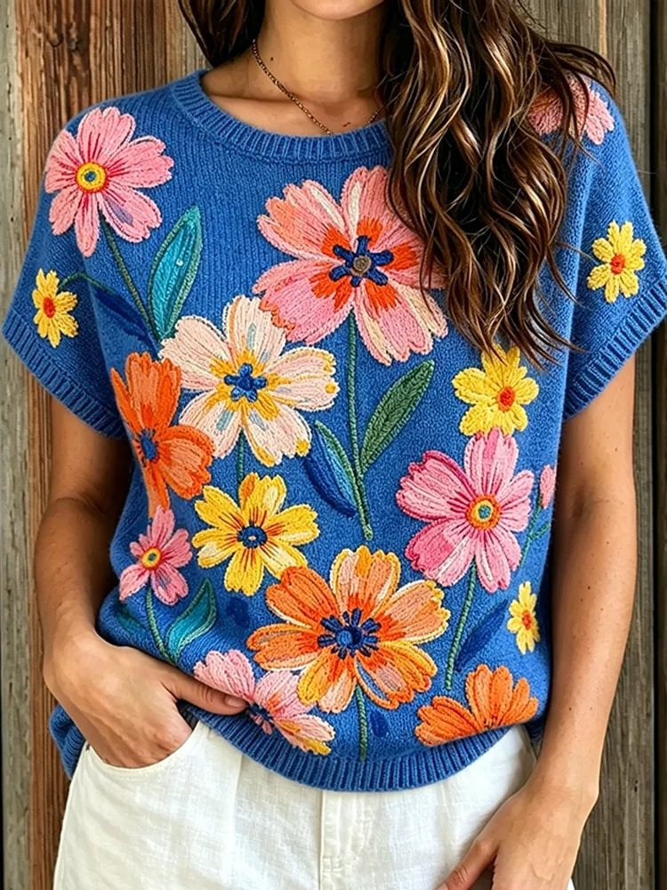 Women's Colorful Floral Art Print Short Sleeve Knit Sweater