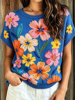 Women's Colorful Floral Art Print Short Sleeve Knit Sweater