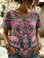 Women's Ornate Floral Print Round Neck T-Shirt