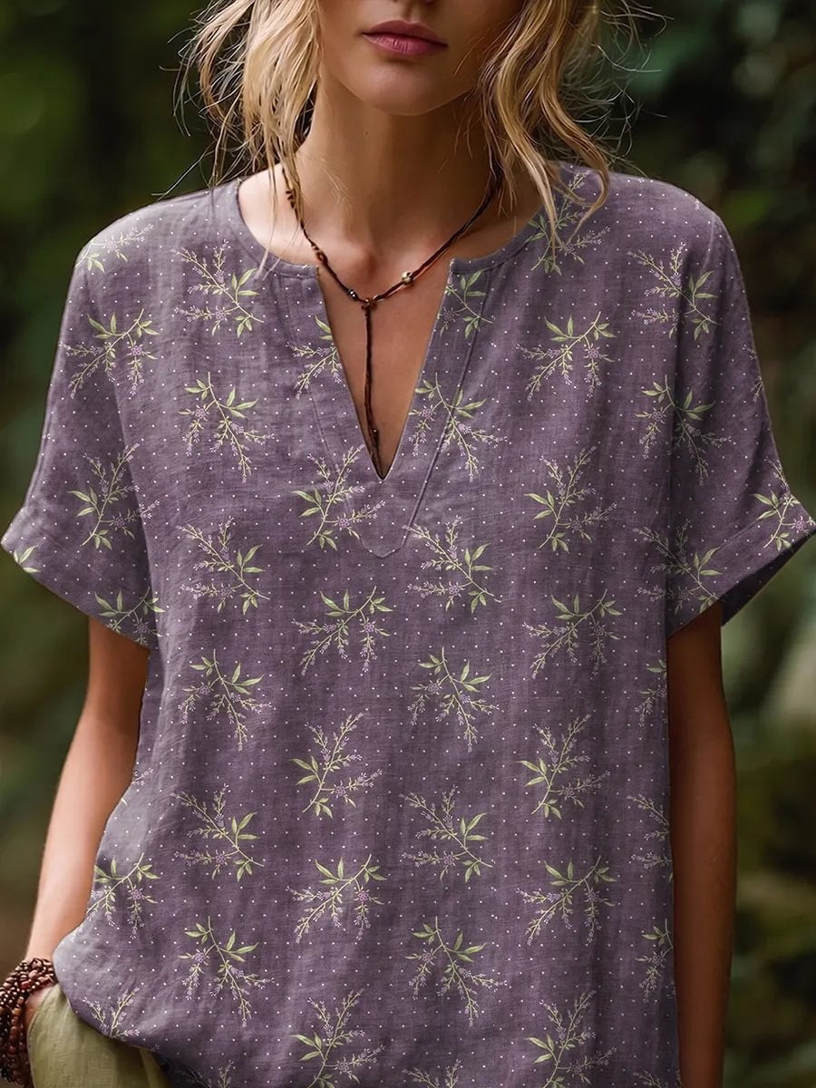 Ethnicity Flowers Women's Art Print Casual Short-sleeve V-neck Cotton Linen Shirt