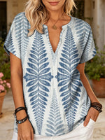 Women's Retro Ethnic Floral Art Print Casual Short-sleeve V-neck Cotton Linen Shirt