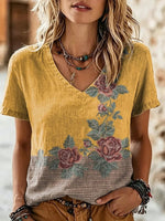 Women's Rose Floral Print V-Neck T-Shirt